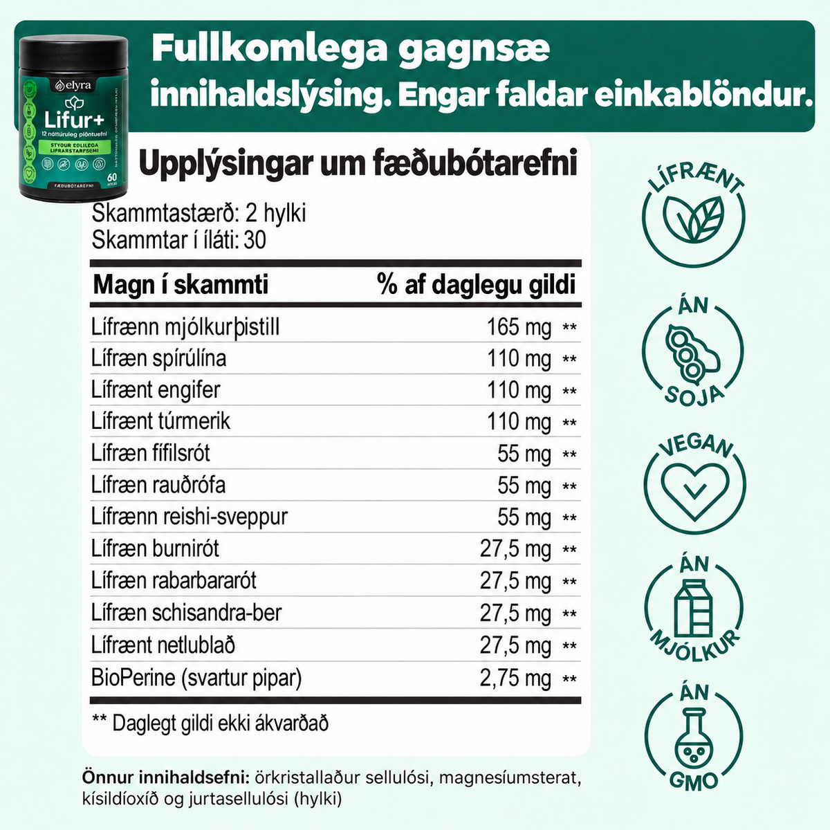 ELYRA Lifur+ – lifrarstuðningur, 60 hylki